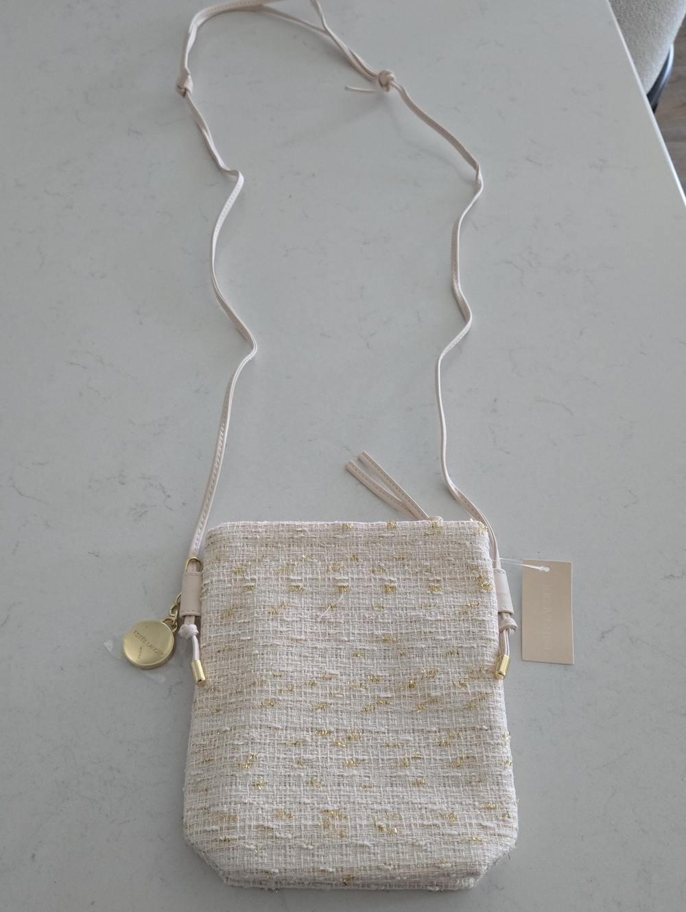 New Estee Lauder Cream Tweed Crossbody Bag with Gold Charm Adjustable Strap 7x6